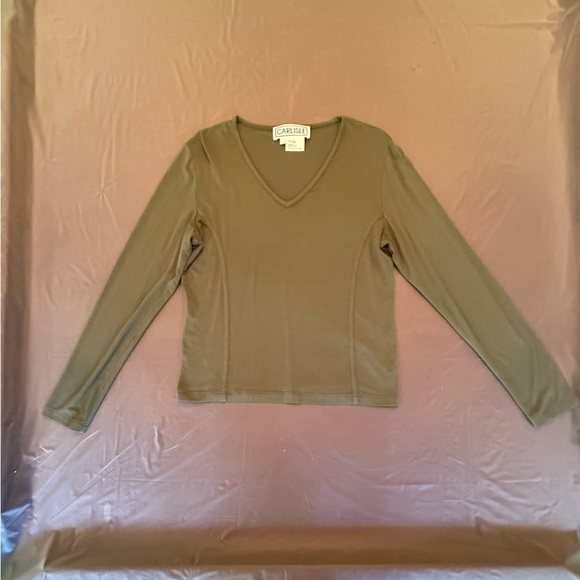 Carlisle Women's Tan/Green Long Sleeve V-neck Top Size Large MSRP $228 - Picture 3 of 7